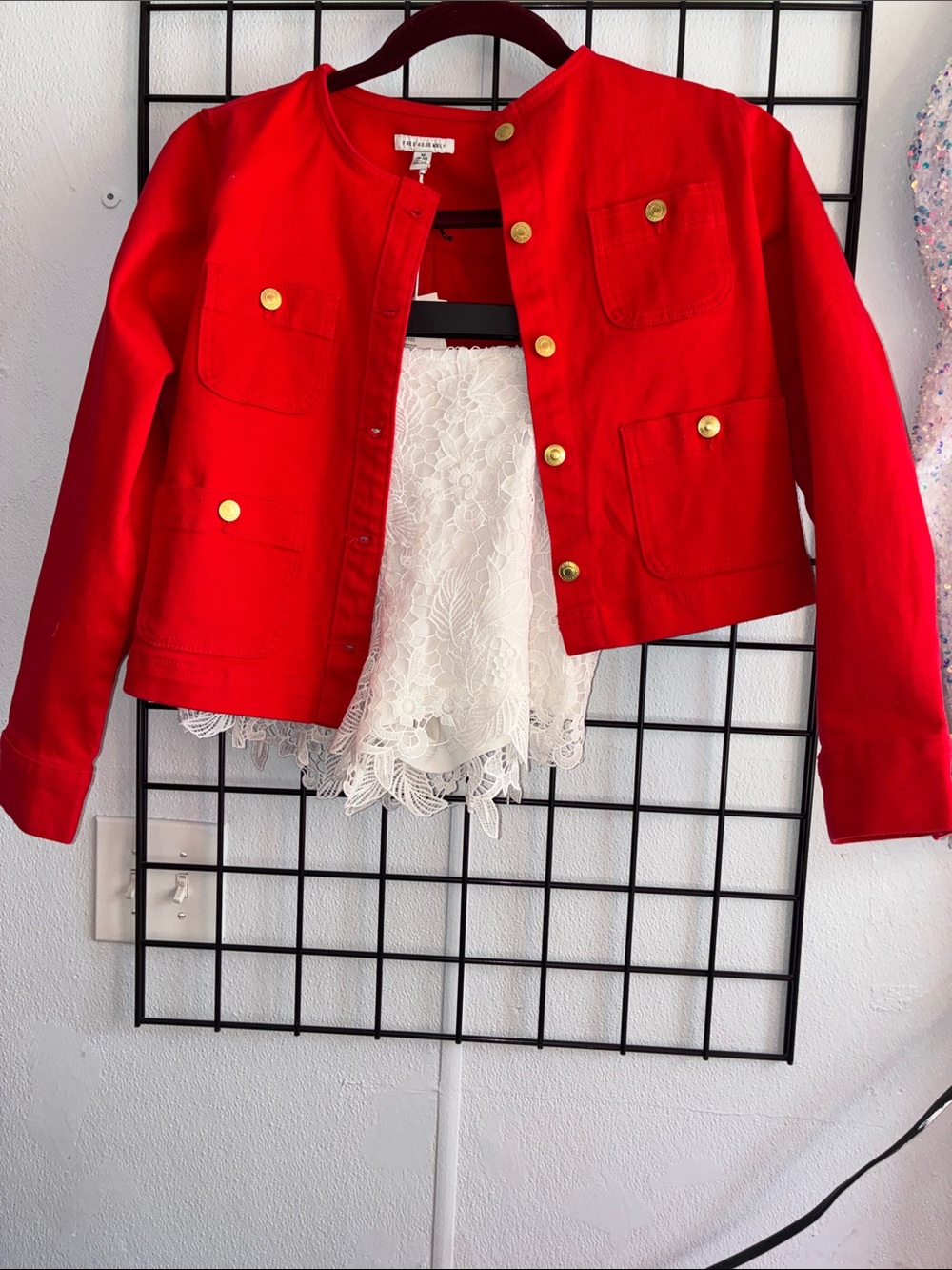 Girls Red Collarless Jean Jacket with Gold Buttons